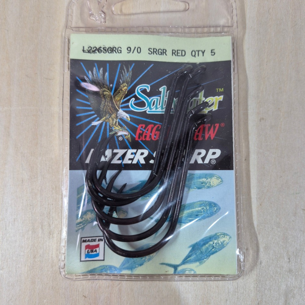 Eagle Claw Lazer Sharp Saltwater Hooks L226SGRG 9/0 Sea‎ Guard Red 5 Pack USA